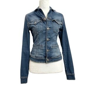 Silver Jeans Co Patty Medium Blue Wash Stretch Cropped Denim Jean Jacket